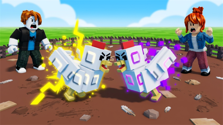 Official Grow a Chicken Fighter artwork showing two chicken fighters in a fenced arena
